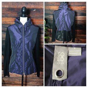 NWOT SOLO MODA Jacket Size 8 Purple Metallic Black Sheer Mesh Sleeves Full Zip